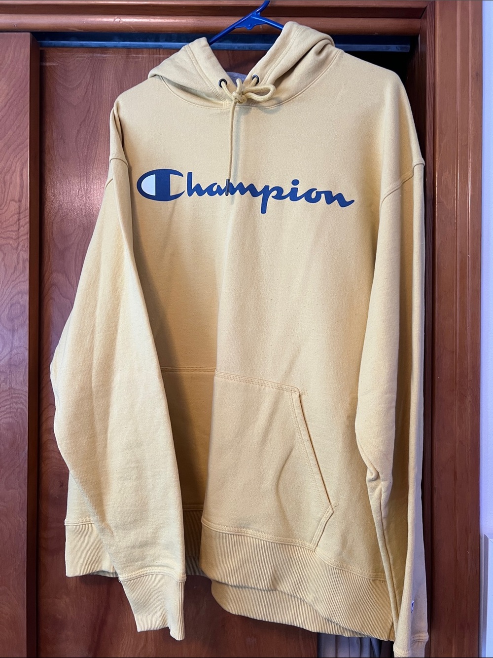 Champion Yellow Crewneck Hoodie with Navy Script